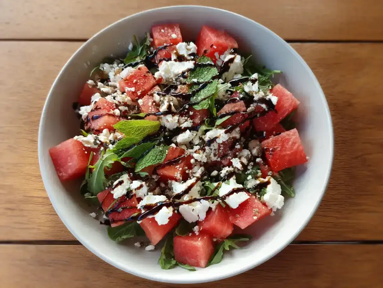 En uppfriskande melon och fetaostsallad med mynta och balsamvinäger. Perfekt sommarbuffé.