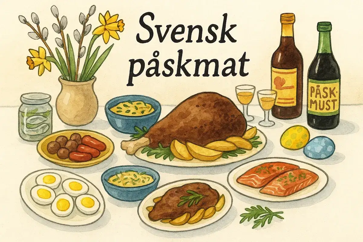 En illustration av svensk påskmat: köttbullar, prinskorv, ägg, lax, kalkon, potatis, sill, påskmust och påskägg.
