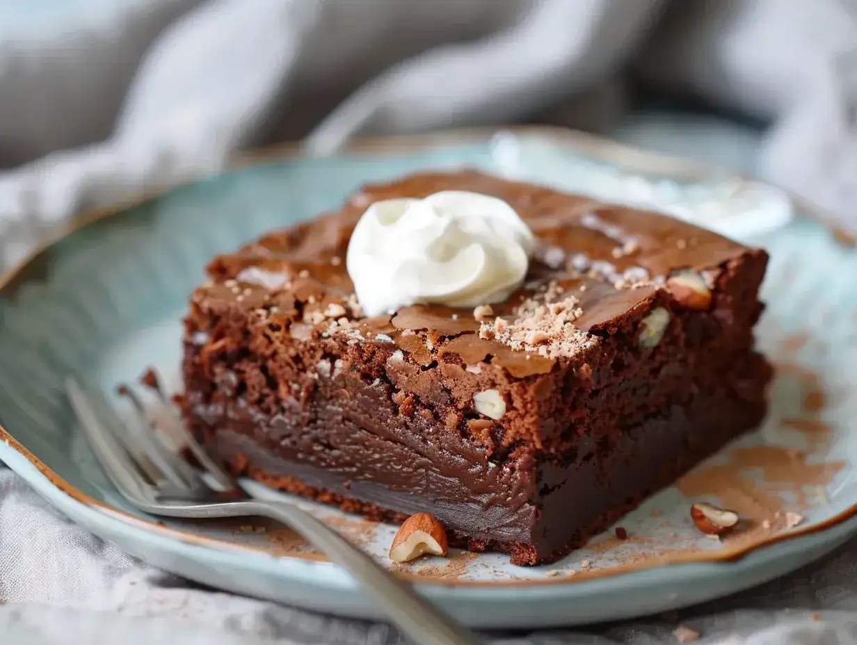 En saftig chokladbrownie med hasselnötter, toppad med grädde. Perfekt för ett enkelt brownie recept.