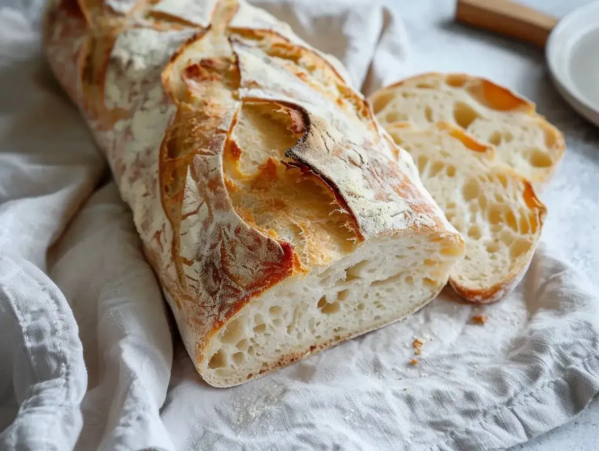 Nybakad ciabatta med krispig skorpa och luftig insida. Perfekt för ditt ciabatta recept.