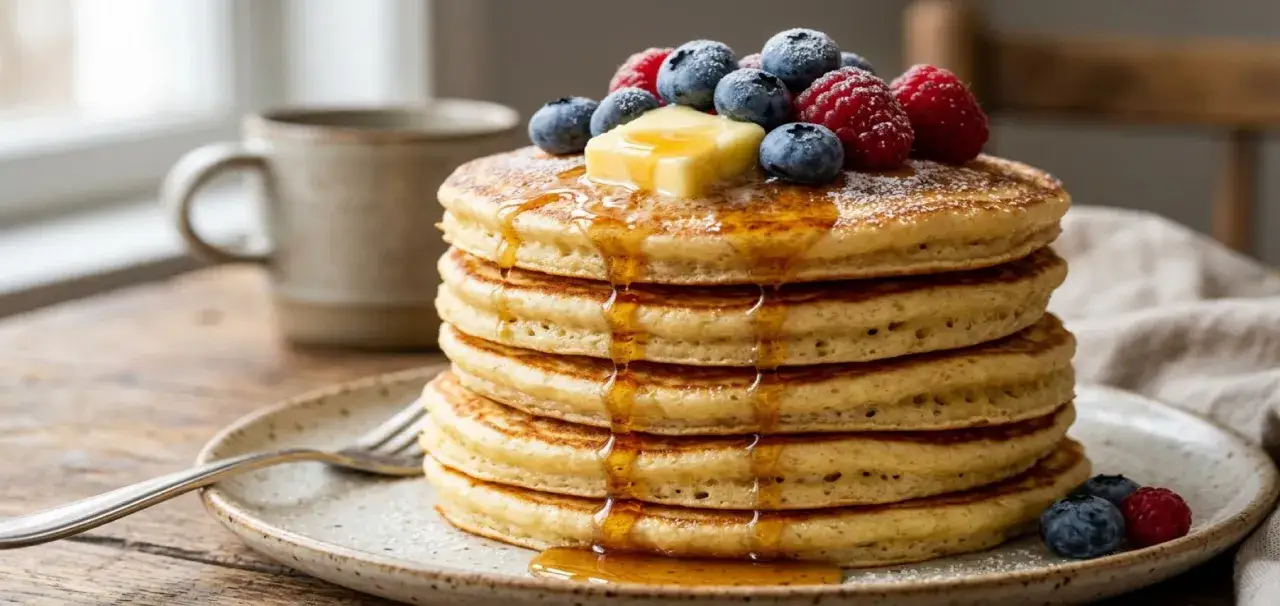En hög med fluffiga amerikanska pannkakor, toppad med smör, bär och sirap. En mugg kaffe står i bakgrunden.