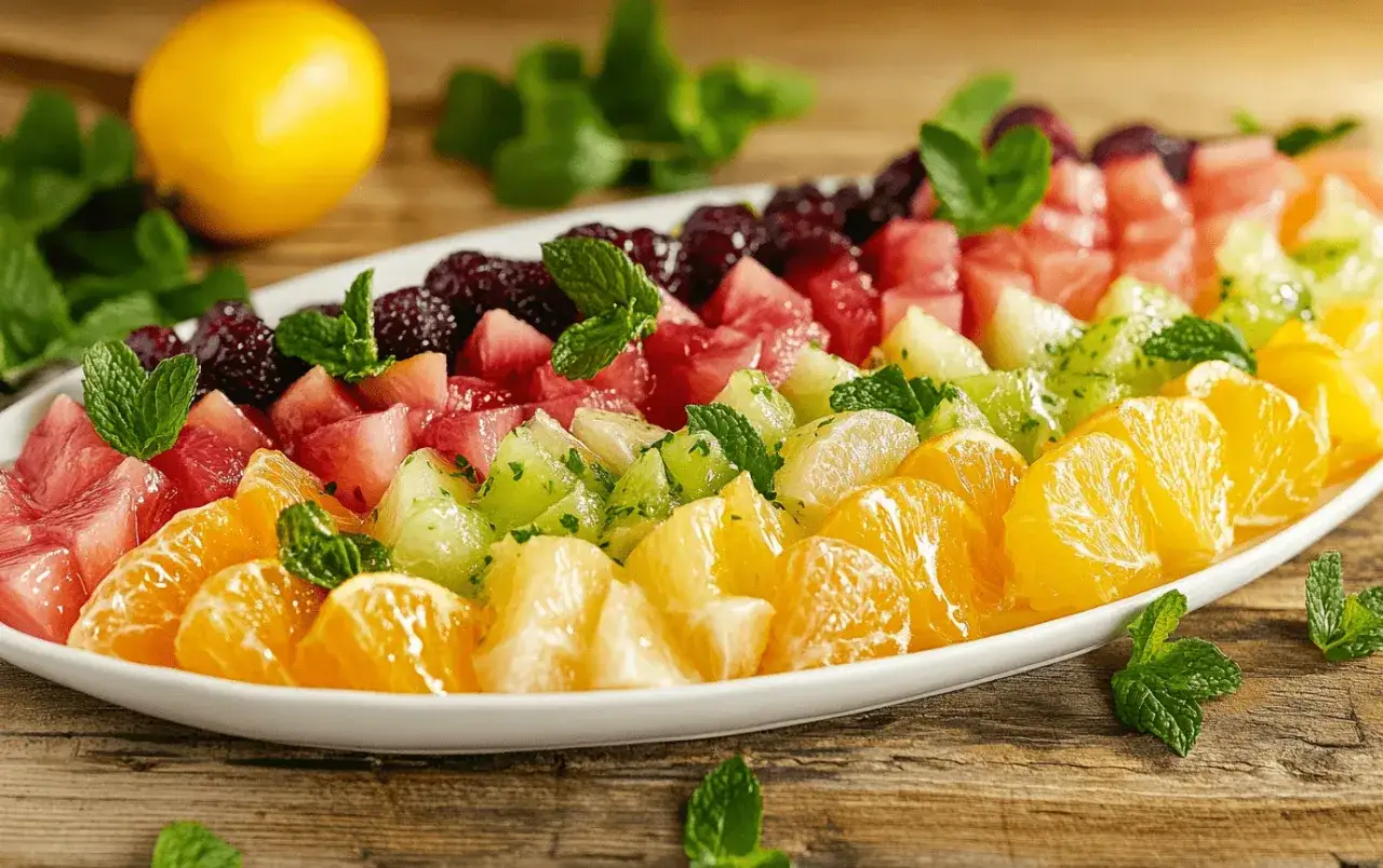En vacker uppläggning av färsk frukt, som ser ut att vara den godaste melonsalladen. Vattenmelon, cantaloupemelon, vindruvor, apelsin och mynta.