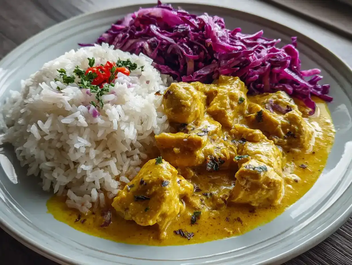 En krämig kycklingcurry med ris och rödkål. En riktig curry nam nam som får det att vattnas i munnen!