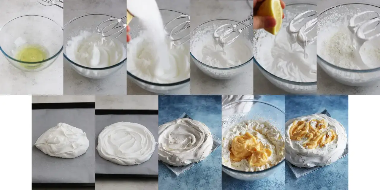 Steg-för-steg för ett fantastiskt pavlova recept: vispa äggvitor, tillsätt socker och citron, forma marängen och fyll med kräm.