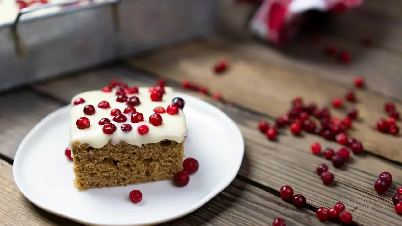 En bit mjuk pepparkaka med vit frosting och lingon. Perfekt till fikat!