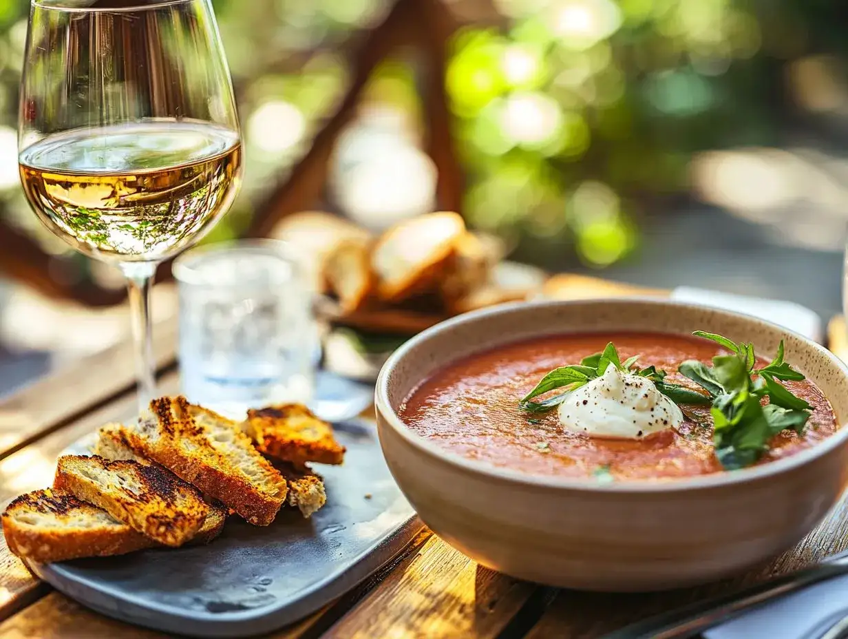 En skål med gazpacho, toppad med grädde och örter, serveras med rostat bröd och ett glas vitt vin. Ett perfekt gazpacho recept för en varm dag.