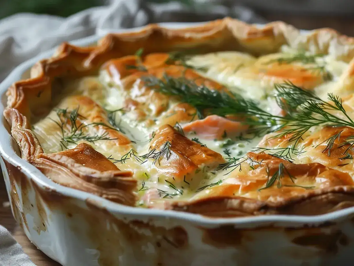 En gyllene laxpaj med dill och krämig fyllning, redo att serveras.