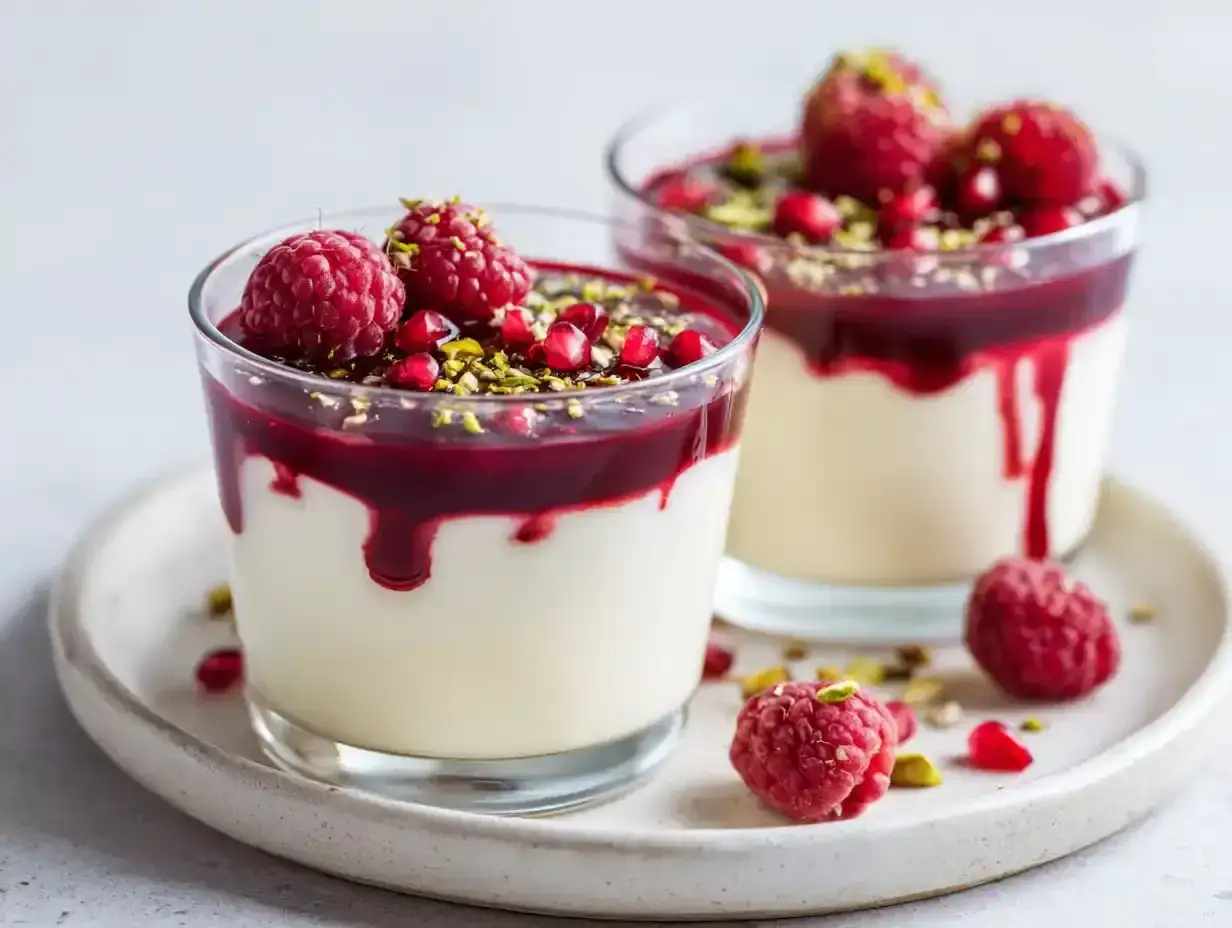 Två glas med krämig pannacotta, toppad med hallon, granatäppelkärnor och pistagenötter. En härlig dessert!