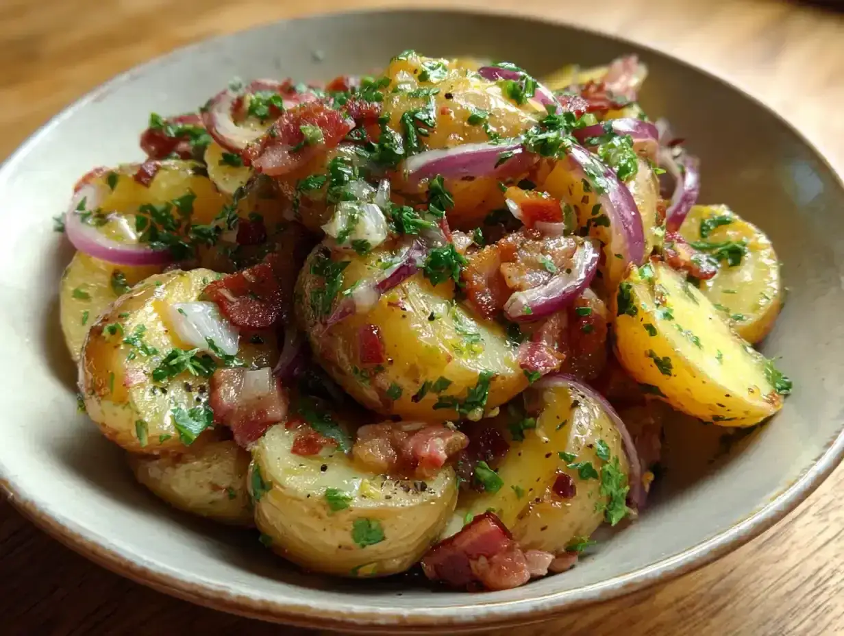En skål med tysk potatissallad, full av potatis, knaperstekt bacon, rödlök och färsk persilja.