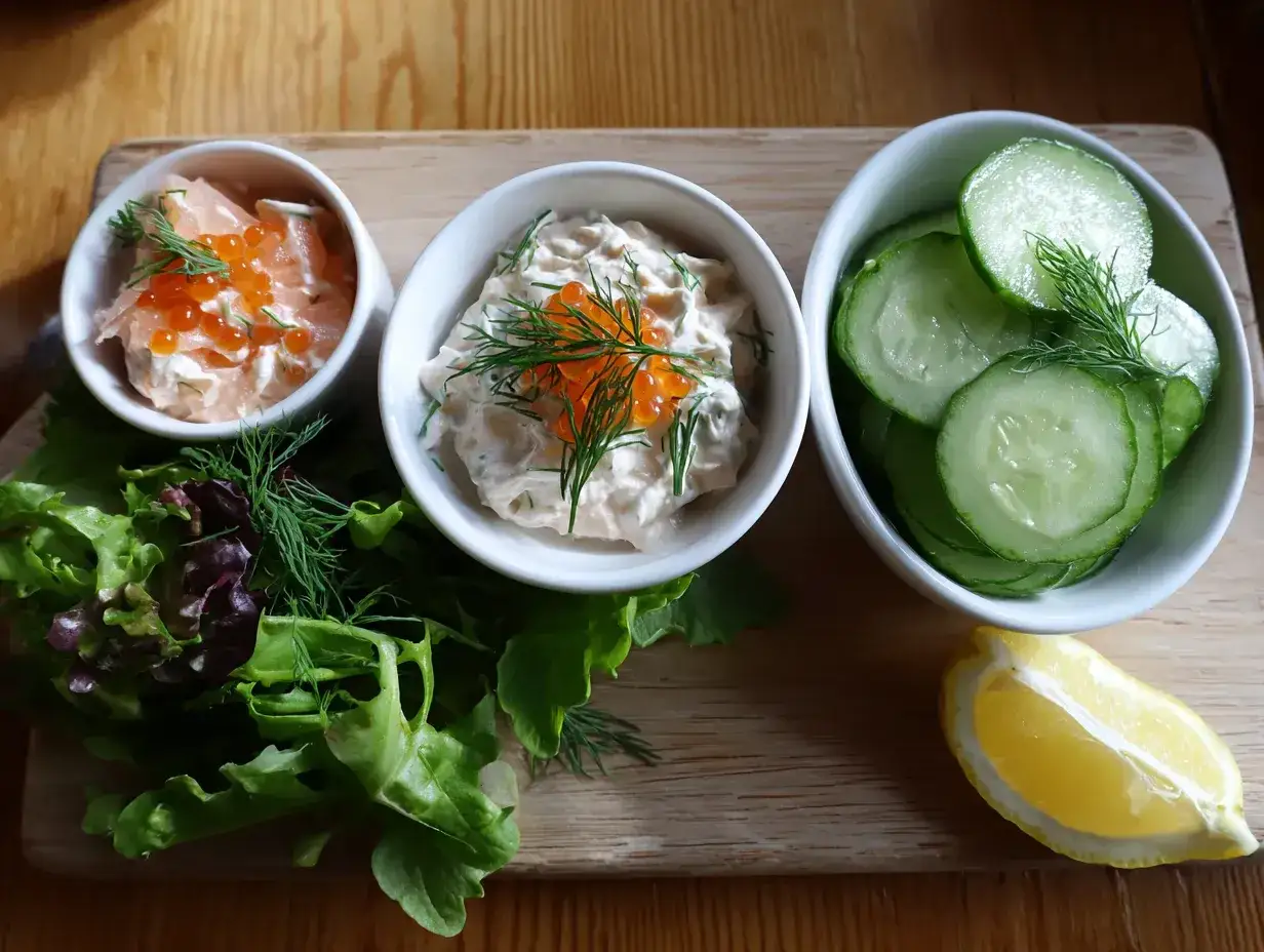En härlig uppsättning med laxröra, gravad lax med rom, gurka och sallad, perfekt för en västerbottenpaj till många.