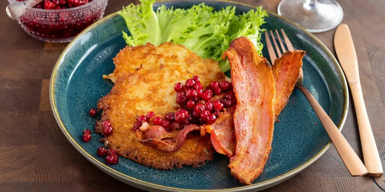 Krispiga raggmunkar med knaperstekt bacon, lingon och sallad. Ett klassiskt raggmunk recept som passar perfekt till helgfrukosten.