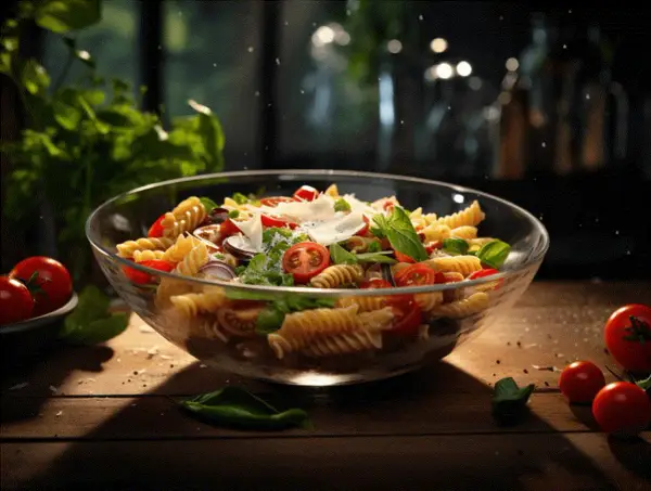 A glass bowl of fusilli pasta salad with tomatoes, basil, red onion, and shaved parmesan cheese.