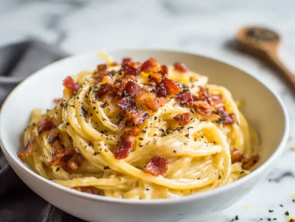 En skål med krämig pasta carbonara, toppad med krispigt bacon och nymalen svartpeppar.