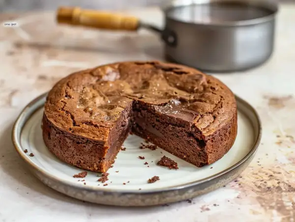 A sliced, rich chocolate cake with a gooey center sits on a plate, with a saucepan in the background.