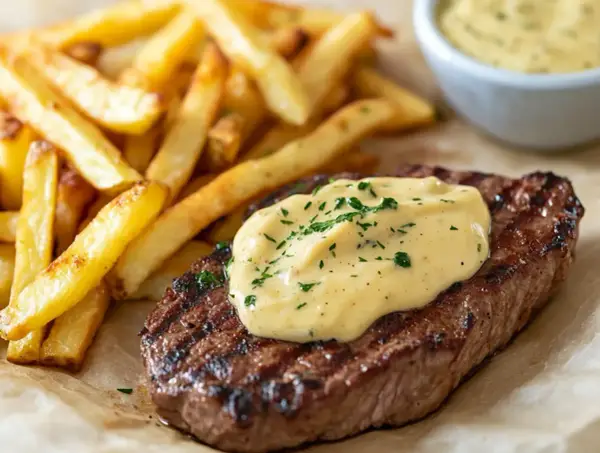 Biff med pommes frites och krämig bearnaisesås, perfekt för ett bearnaisesås recept med stavmixer.